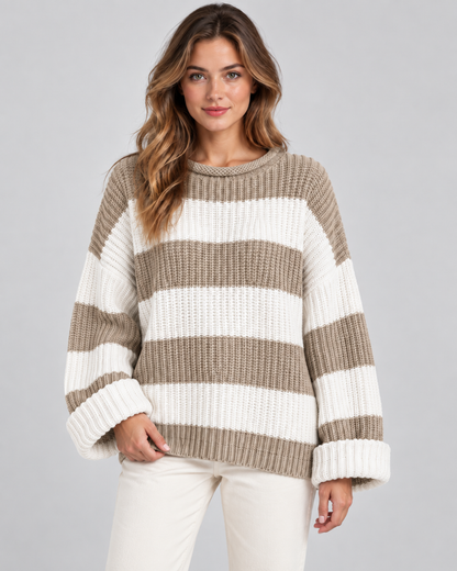 Women's Chunky Knit Sweater - Striped Oversized Crew Neck