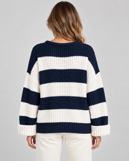 Women's Chunky Knit Sweater - Striped Oversized Crew Neck