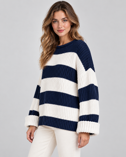 Women's Chunky Knit Sweater - Striped Oversized Crew Neck