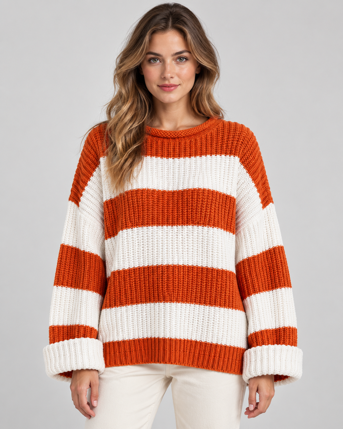 Women's Chunky Knit Sweater - Striped Oversized Crew Neck