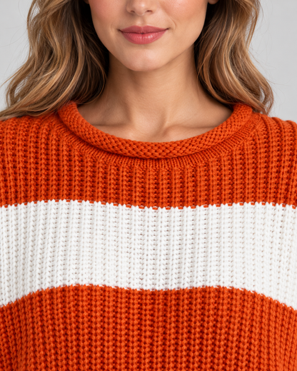 Women's Chunky Knit Sweater - Striped Oversized Crew Neck