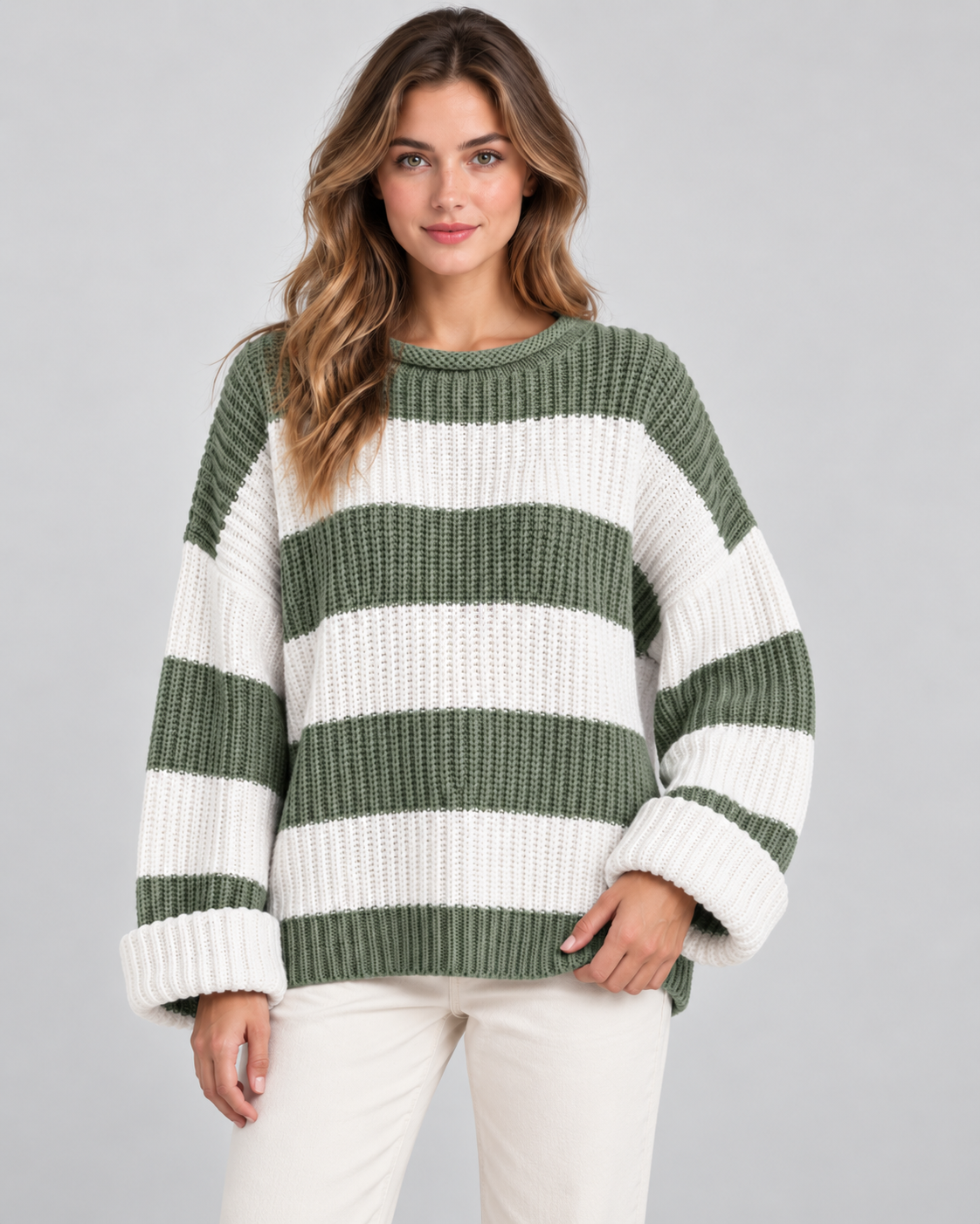 Women's Chunky Knit Sweater - Striped Oversized Crew Neck