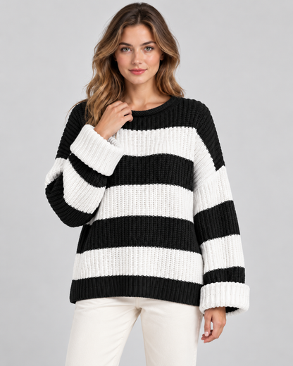 Women's Chunky Knit Sweater - Striped Oversized Crew Neck