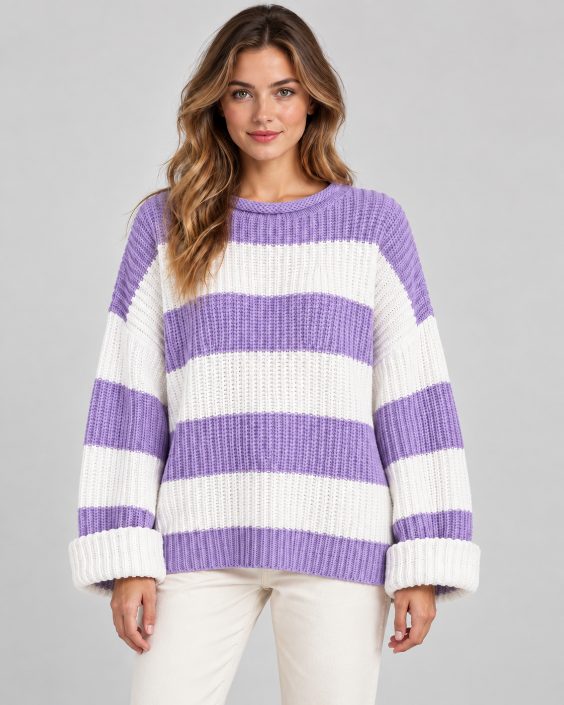 Women's Chunky Knit Sweater - Striped Oversized Crew Neck