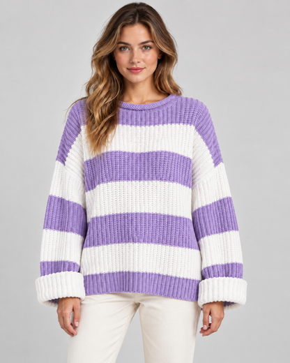 Women's Chunky Knit Sweater - Striped Oversized Crew Neck