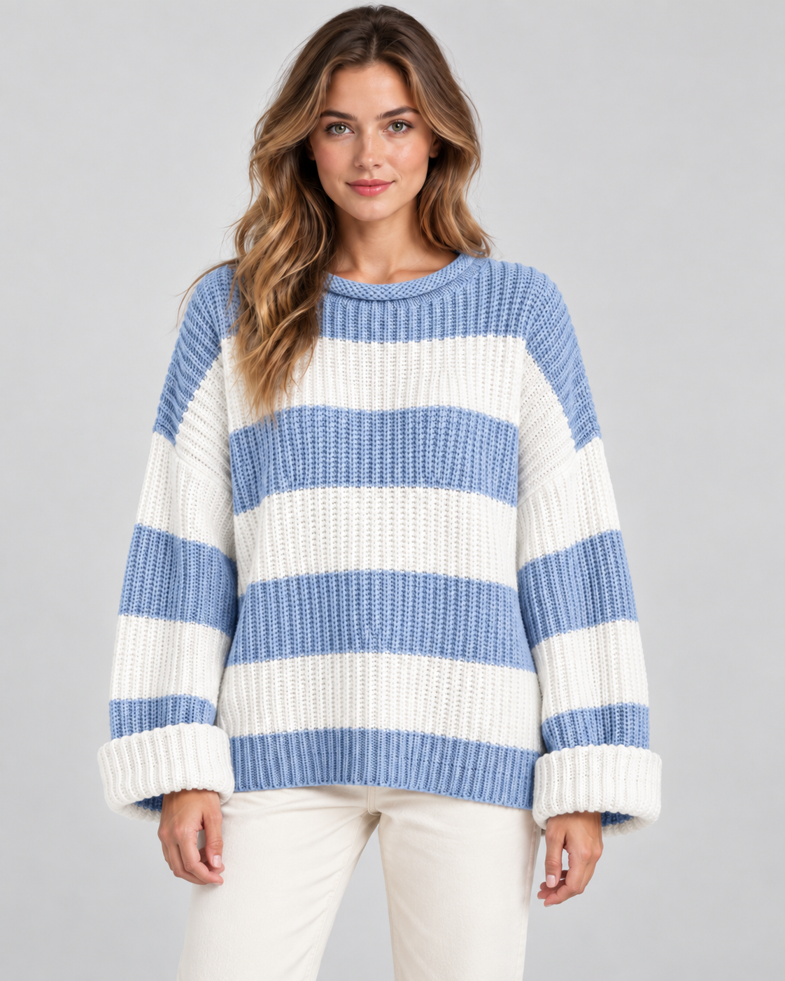 Women's Chunky Knit Sweater - Striped Oversized Crew Neck