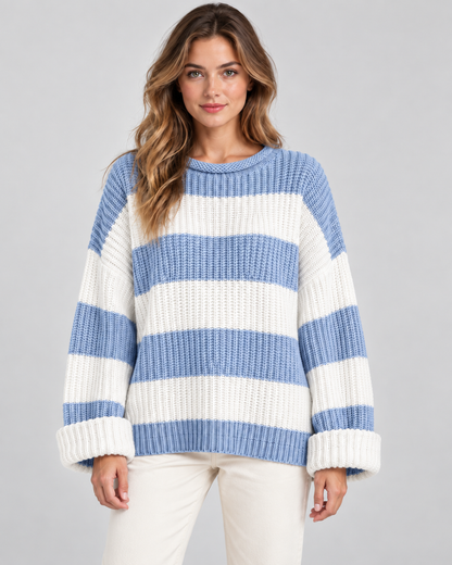 Women's Chunky Knit Sweater - Striped Oversized Crew Neck