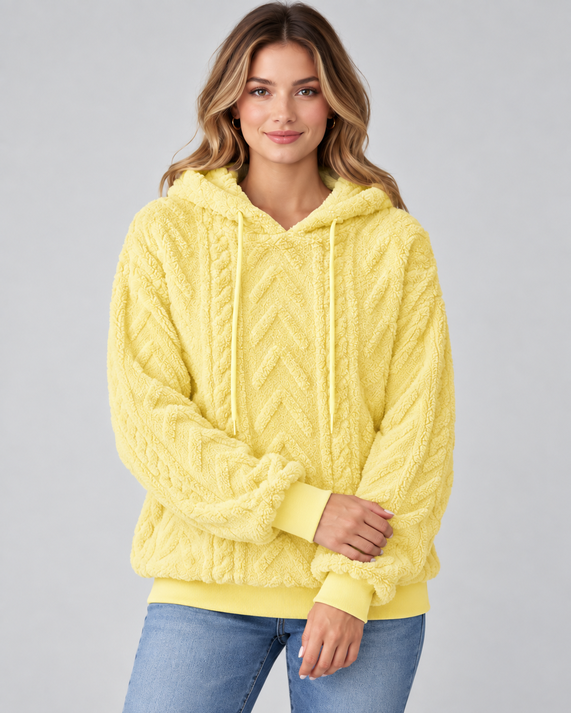 Women's Textured Hoodie - Plush Cable Knit Relaxed Fit