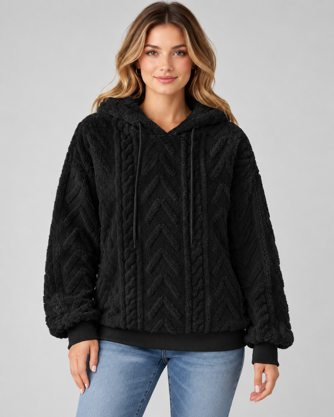 Women's Textured Hoodie - Plush Cable Knit Relaxed Fit