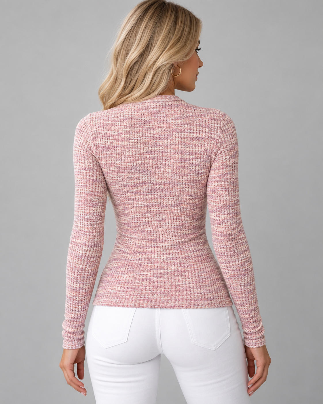 Women's Quarter Zip Knit Top - Textured Fitted Long Sleeve