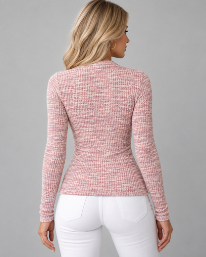 Women's Quarter Zip Knit Top - Textured Fitted Long Sleeve