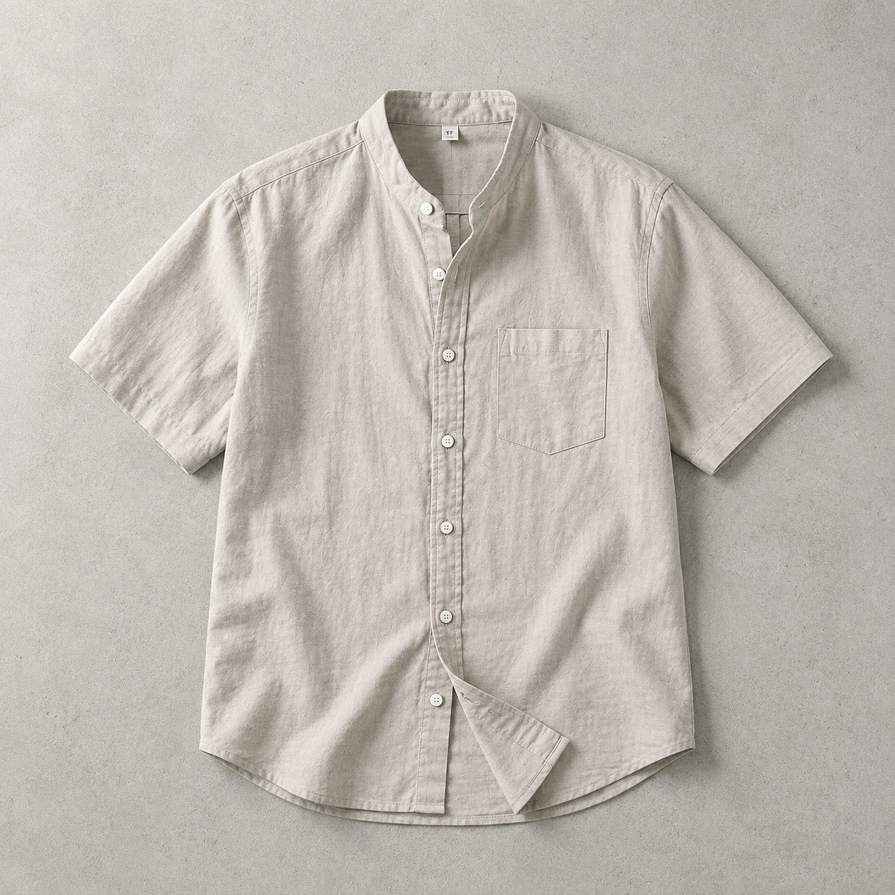 Men's Band Collar Shirt - Short Sleeve Casual Button Down