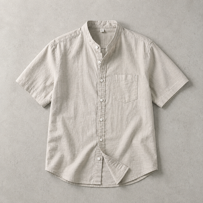 Men's Band Collar Shirt - Short Sleeve Casual Button Down