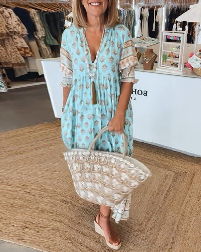 Nirareth | Boho V-Neck Printed Midi Dress | Wedding Guest