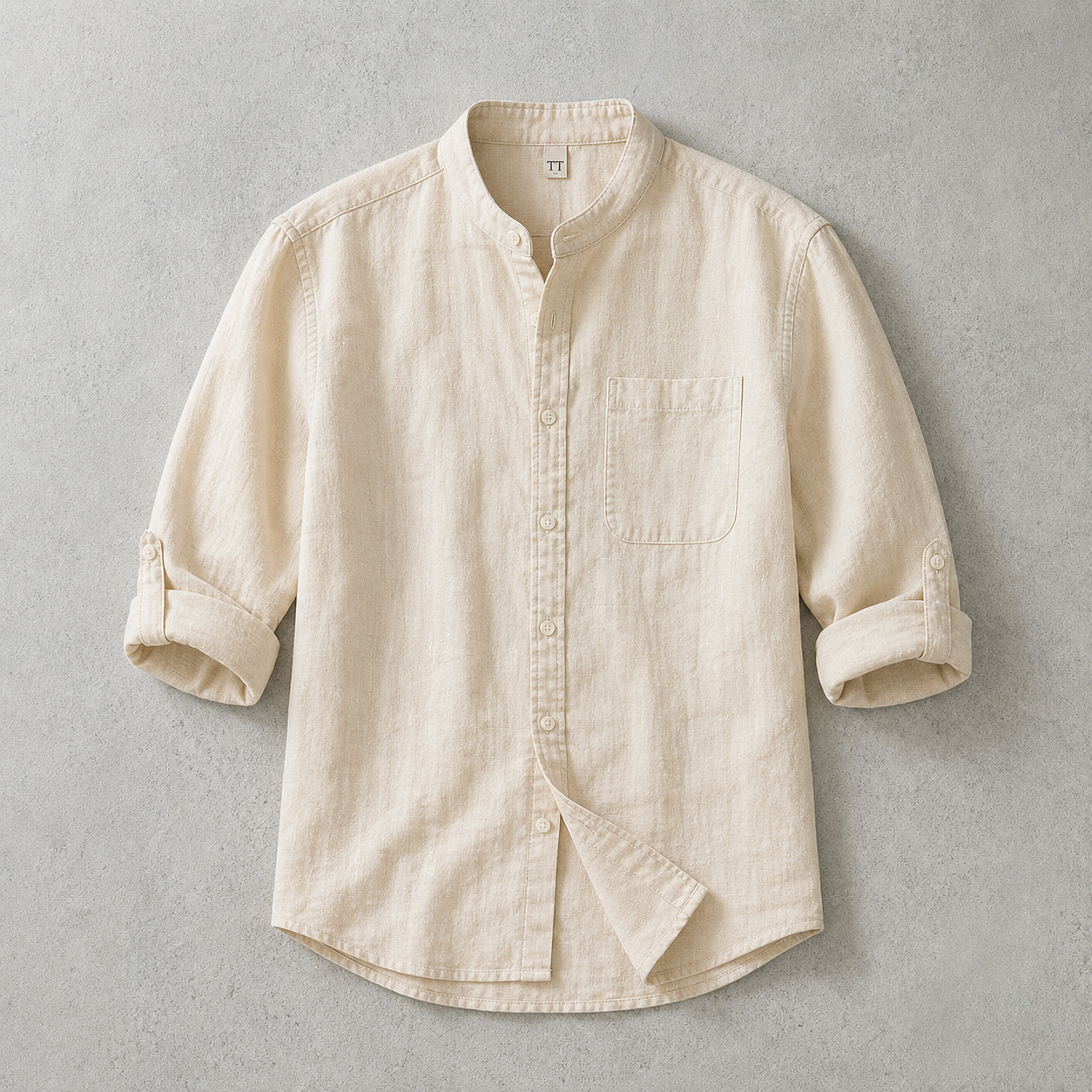 Men's Stand Collar Shirt - Casual Roll Sleeve Button Down