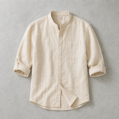 Men's Stand Collar Shirt - Casual Roll Sleeve Button Down