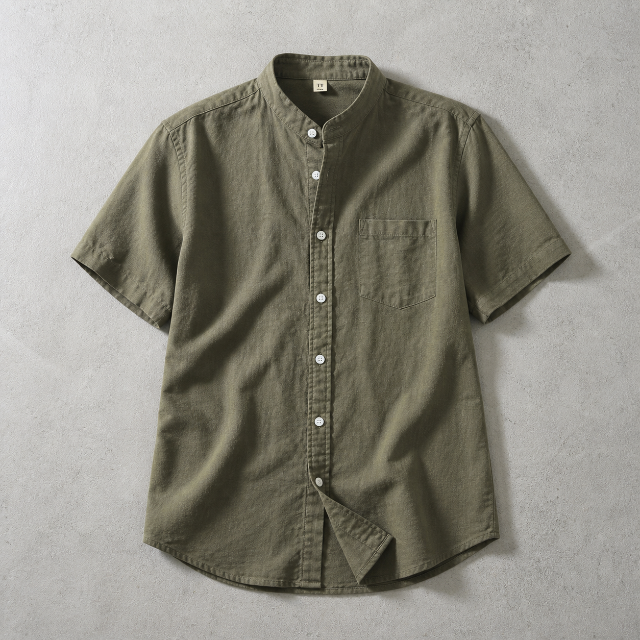 Men's Band Collar Shirt - Short Sleeve Casual Button Down