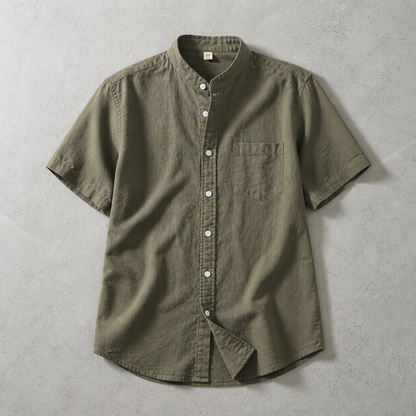 Men's Band Collar Shirt - Short Sleeve Casual Button Down