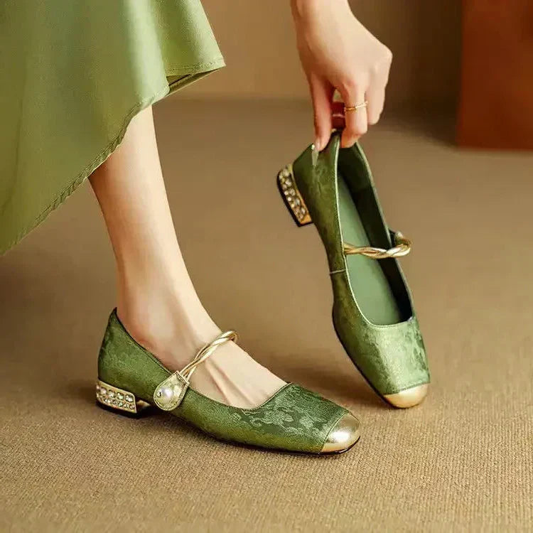 Perlisette | Women's Block Heel Mary Jane Flats with Elegant Classic Design