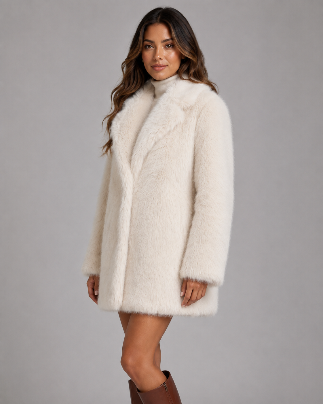 Women's Faux Fur Jacket - Plush Shawl Collar Mid Length Coat