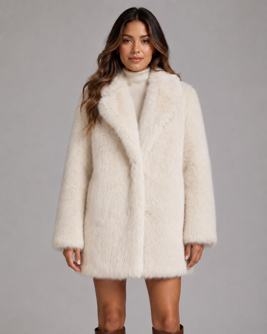 Women's Faux Fur Jacket - Plush Shawl Collar Mid Length Coat