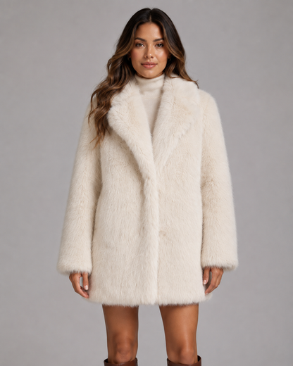 Women's Faux Fur Jacket - Plush Shawl Collar Mid Length Coat