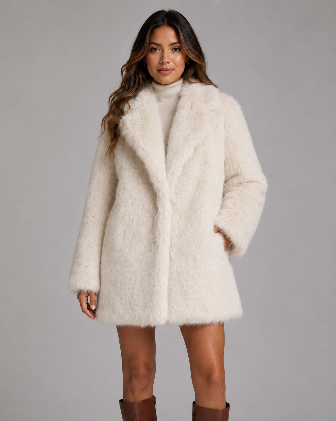 Women's Faux Fur Jacket - Plush Shawl Collar Mid Length Coat