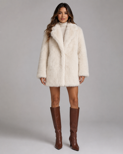 Women's Faux Fur Jacket - Plush Shawl Collar Mid Length Coat
