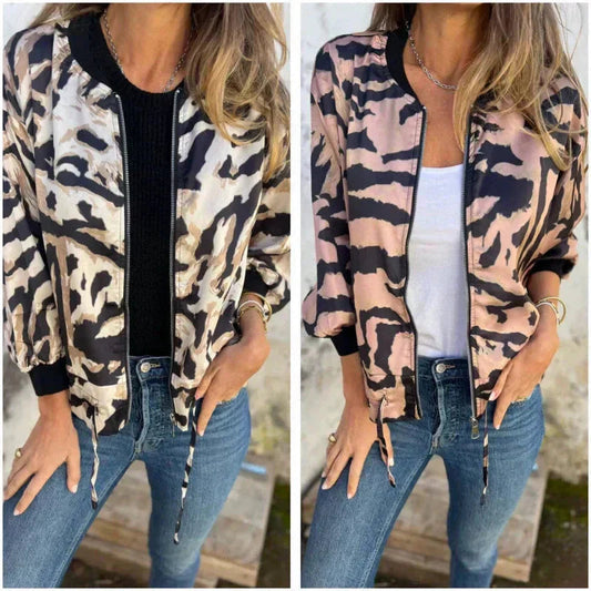 Women's Animal Print Bomber Jacket - Zip Up Casual Jacket