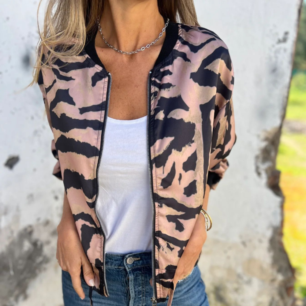 Women's Animal Print Bomber Jacket - Zip Up Casual Jacket