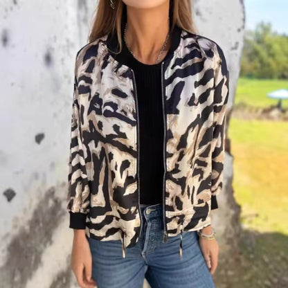 Women's Animal Print Bomber Jacket - Zip Up Casual Jacket