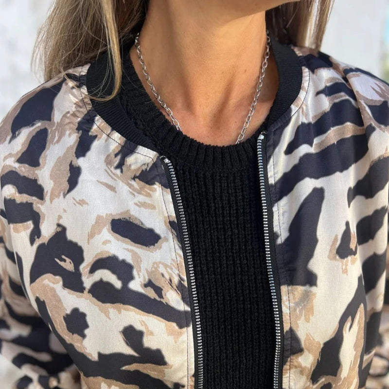 Women's Animal Print Bomber Jacket - Zip Up Casual Jacket