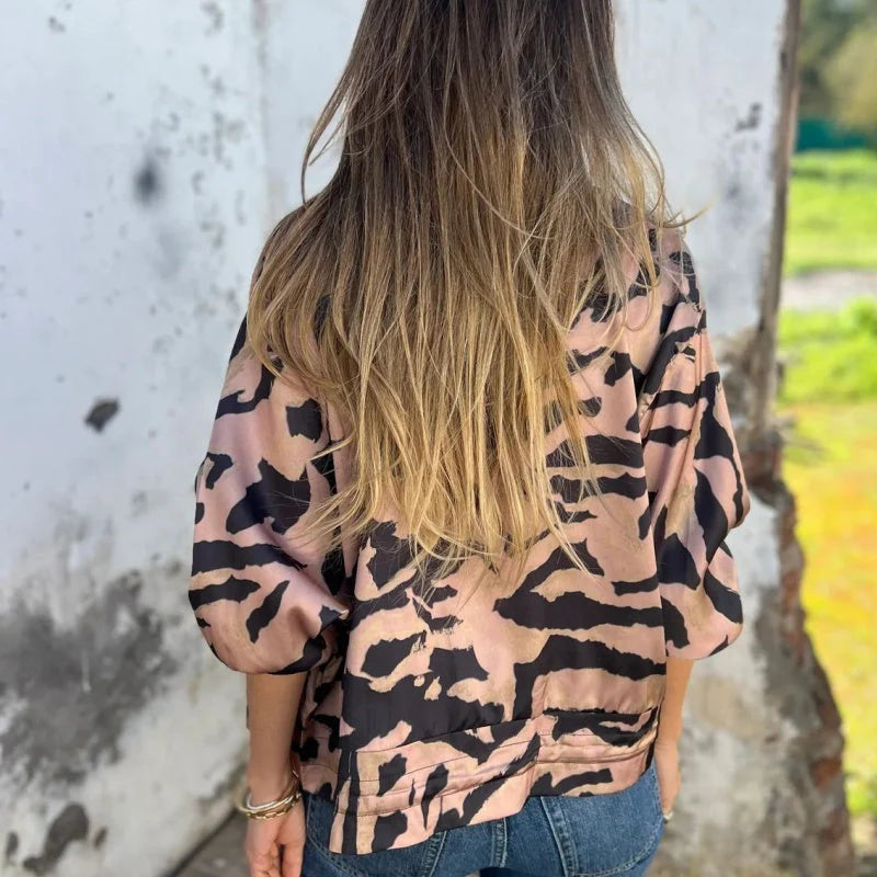 Women's Animal Print Bomber Jacket - Zip Up Casual Jacket