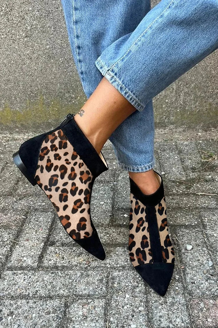 Women's Leopard Print Ankle Boots Pointed Toe Zipper