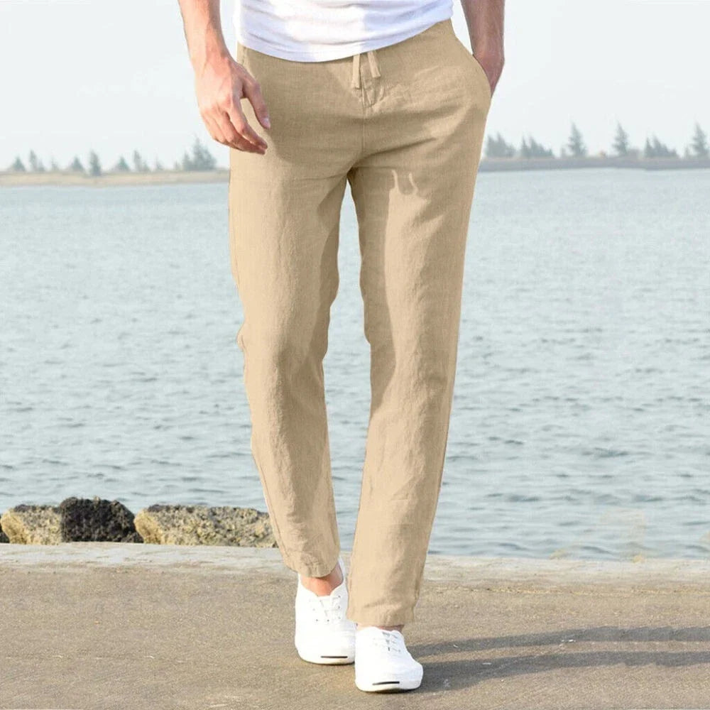 Men's Linen Pants with Drawstring Waist and Relaxed Tapered Leg