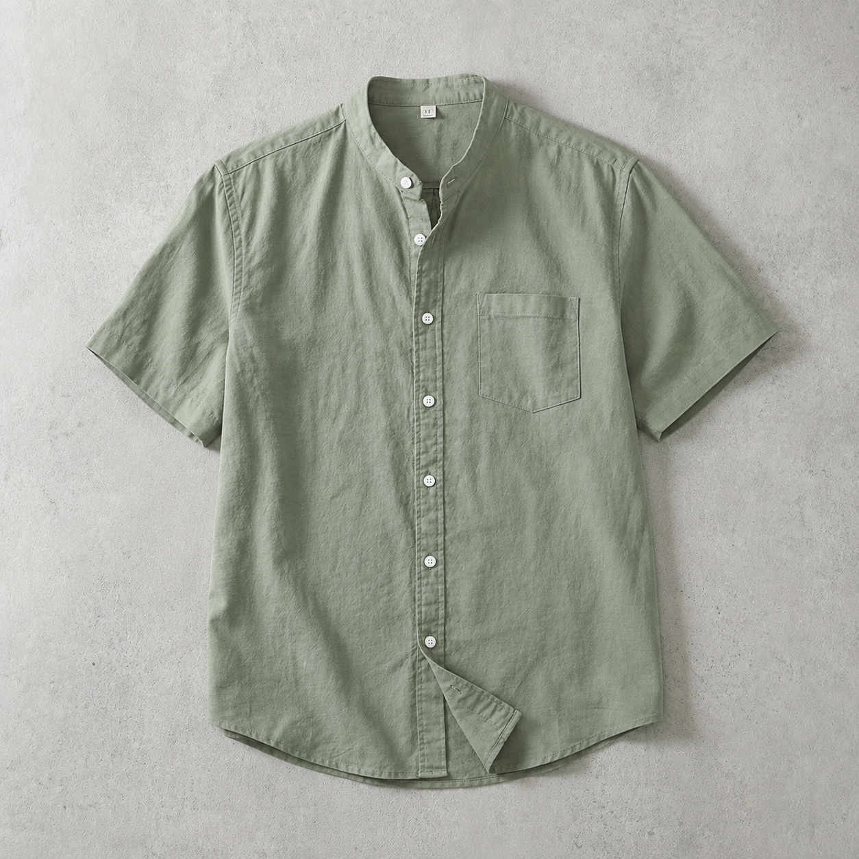 Men's Band Collar Shirt - Short Sleeve Casual Button Down