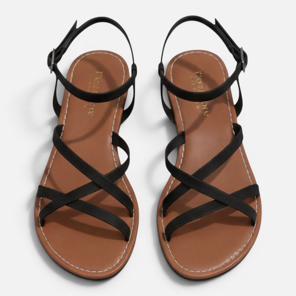 Women's Leather Sandals - Flat Strappy Ankle Strap