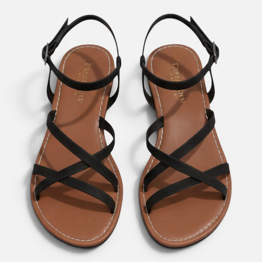 Women's Leather Sandals - Flat Strappy Ankle Strap