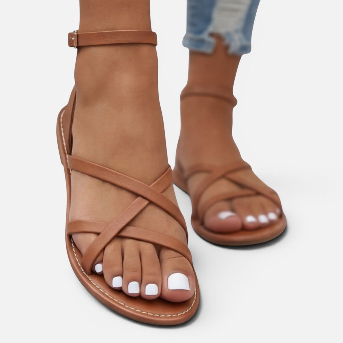 Women's Leather Sandals - Flat Strappy Ankle Strap