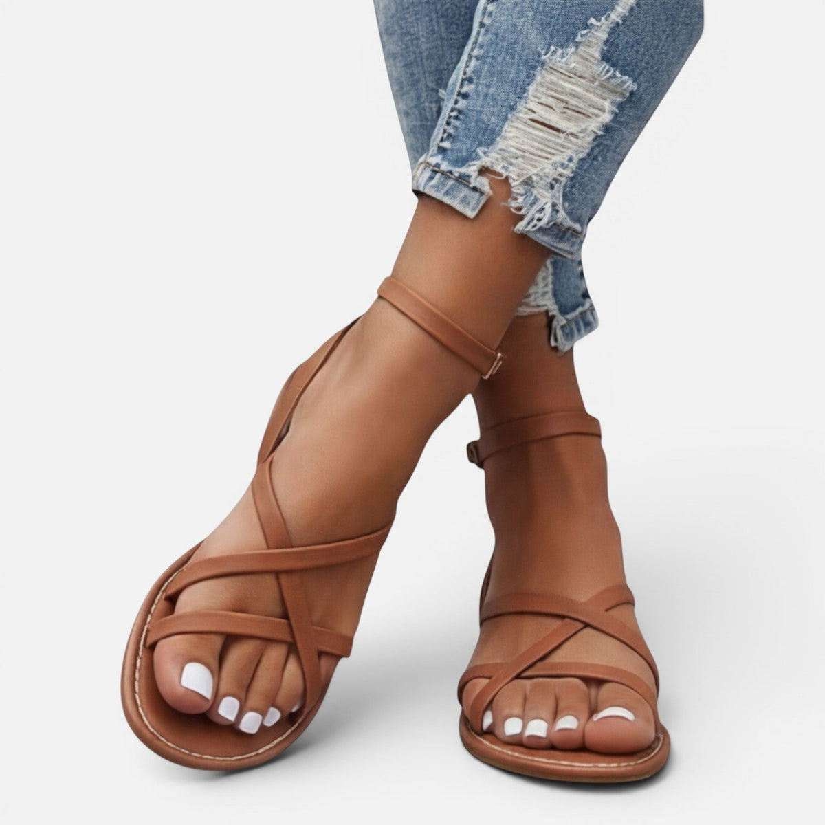 Women's Leather Sandals - Flat Strappy Ankle Strap