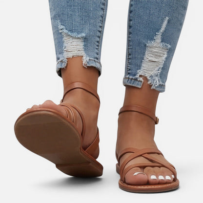 Women's Leather Sandals - Flat Strappy Ankle Strap