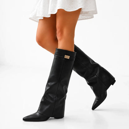 Women's Black Vegan Leather Knee-High Pointed-Toe Boots