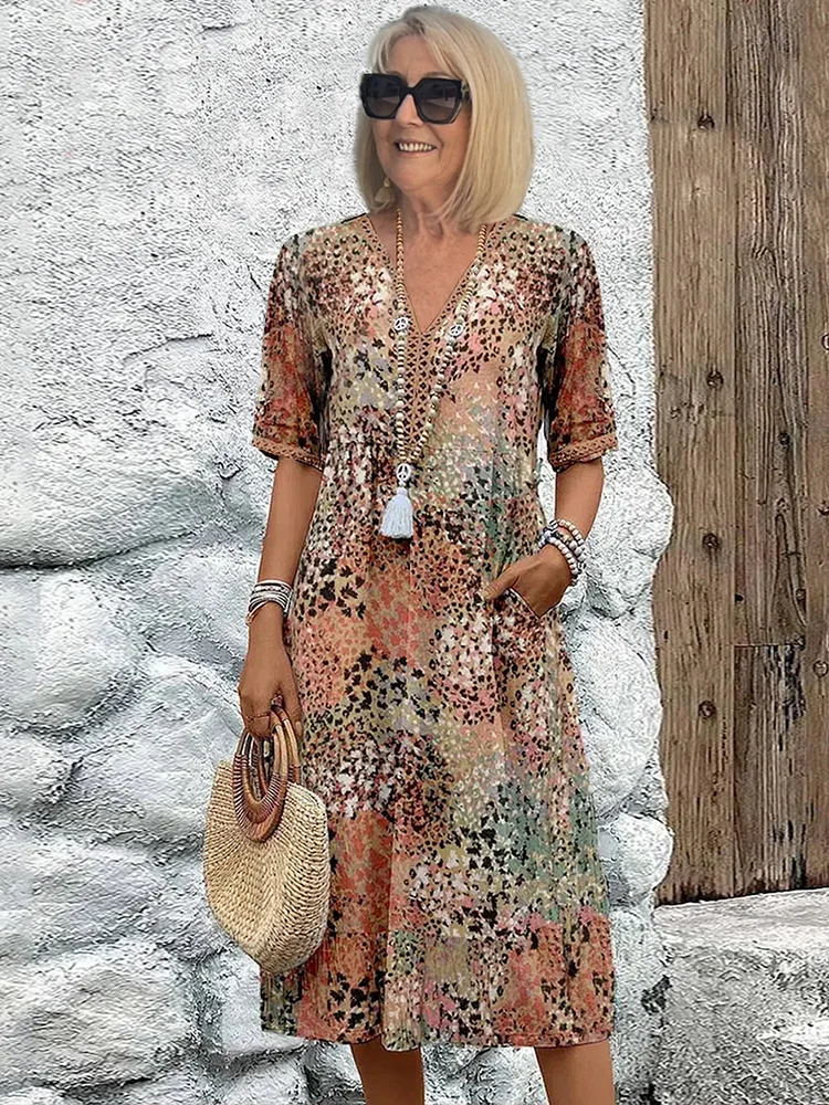 Senareth | Printed V-Neck A-Line Midi Dress Wedding Guest Style