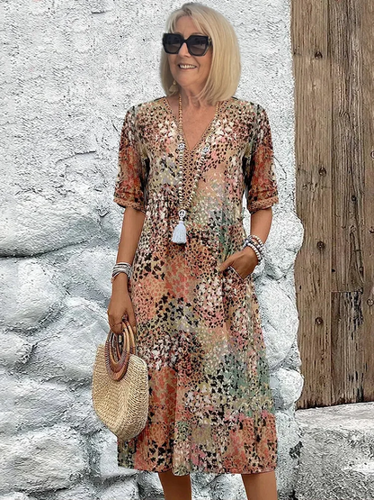Senareth | Printed V-Neck A-Line Midi Dress Wedding Guest Style
