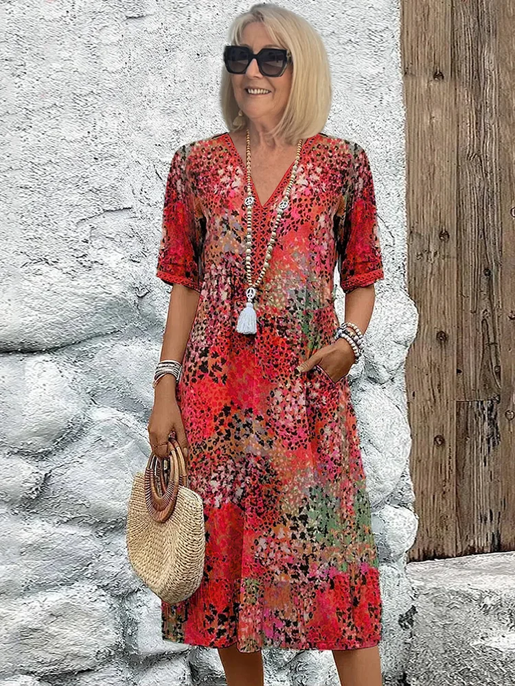 Senareth | Printed V-Neck A-Line Midi Dress Wedding Guest Style