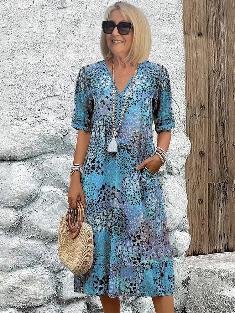 Senareth | Printed V-Neck A-Line Midi Dress Wedding Guest Style