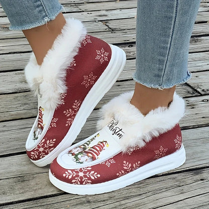 Women's Christmas Gnome Print Snow Boots Fuzzy Lined