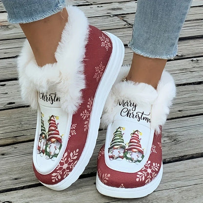 Women's Christmas Gnome Print Snow Boots Fuzzy Lined