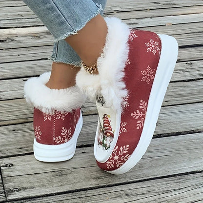 Women's Christmas Gnome Print Snow Boots Fuzzy Lined