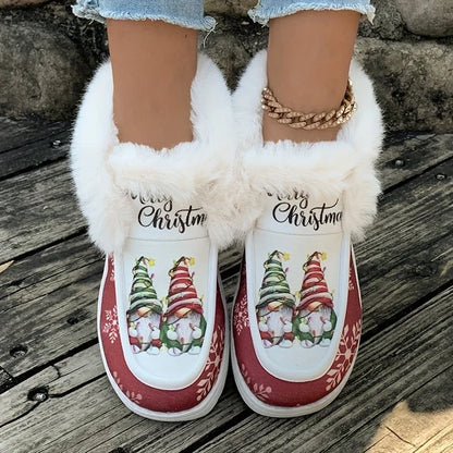 Women's Christmas Gnome Print Snow Boots Fuzzy Lined
